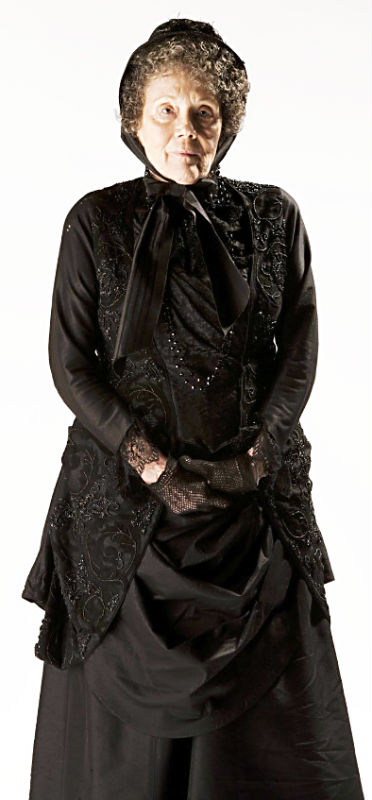 Dame Diana Rigg gets a good Victorian mourning gown.