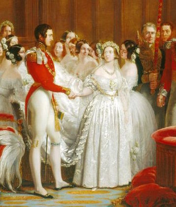Detail of The Marriage of Queen Victoria, 10 February 1840 by George Hayter, 1840-2, Royal Collection, via Wikimedia Commons