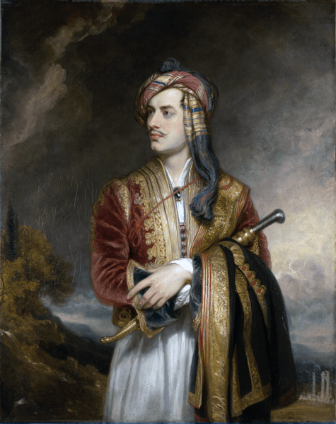 1813 portrait of Byron in Albanian dress by Thomas Phillips, from Wikimedia Commons.