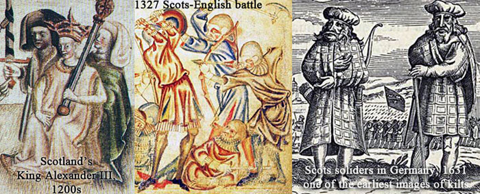 Whether royalty or soldiers, Scots didn't wear a kilt until the 16th c. & didn't care about tartans until the 19th c., as far as we know.