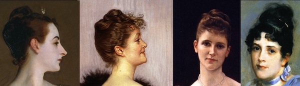 L to R: Madame X by Sargent, 1884; Vicomtesse De Montmorand by Sargent, 1889; Olivia Peyton Murray Cutting, before 1889; Lady Agnew of Lohnaw by Sargent, 1892
