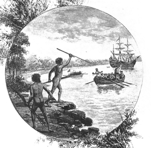 A 19th-century engraving showing natives of the Gweagal tribe opposing the arrival of Captain James Cook in 1770 via Wikimedia Commons