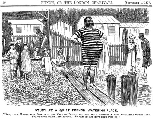 Cartoon from Punch magazine (UK) showing men's swimsuit, 1877.