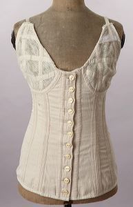 "Corded cotton button-front sport corset with crocheted mesh cups, c. 1870s-1880s." | via Pinterest