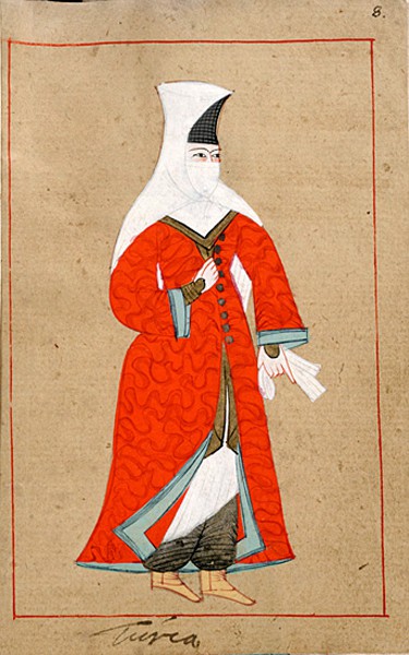 Turkish woman from the Ralamb Costume Book, purchased by a Swedish statesman, Claes Ralamb, in 1657, so possibly drawn earlier.