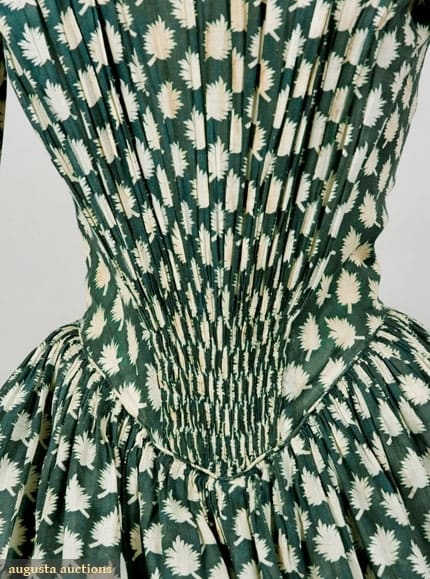 Leaf printed cotton dress, 1845-1850. Via Augusta Auctions