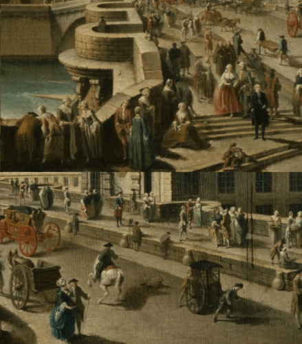 Le Pont-Neuf et la Pompe de la Samaritaine, vus du quai de la Megisserie by Nicolas Jean-Baptiste Raguenet, 1777, Musee Carnavalet