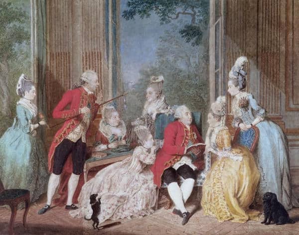 The salon of the Duke of Orléans (sitting); he is with his son (standing) by Louis Carrogis Carmontelle, c. 1770