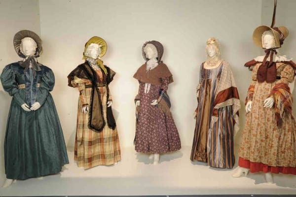 (L to R) Costumes worn by Actors: Celia Imrie as Lady Glenmire, Barbara Flynn as Mrs. Jamieson, Judi Dench as Miss Matty Jenkyns, Francesca Annis as Lady Ludlow and Imelda Staunton as Miss Octavia Pole.