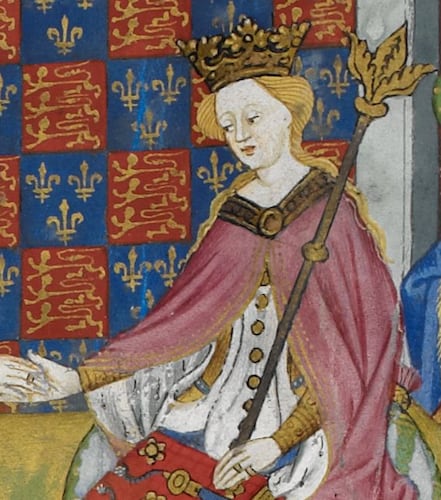 Margaret of Anjou, wife of King Henry VI circa 1445 from a manuscript by the Talbot Master (British Library, Royal 15 E VI, f. 2v).