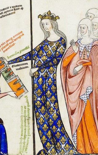 Joan II, Countess of Burgundy, Queen of France and Navarre, from "Breviculum seu electorium parvum" of Thomas le Myésier, Karlsruhe, Badische Landesbibliothek, c. 1325.