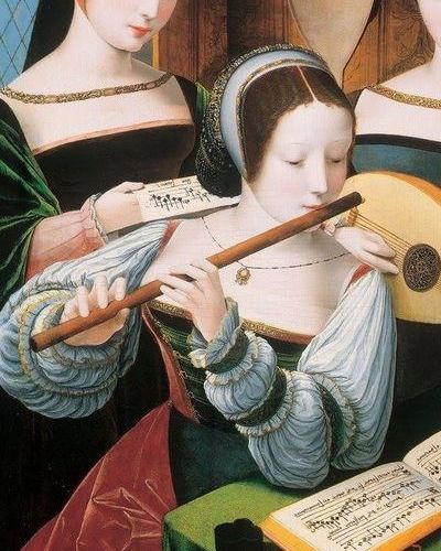Concert of Women, by Master of Female Half-length, Dutch painter (active 1530-1540), 1530-40, Oil on panel, 53 x 37 cm, The Hermitage, St. Petersburg.