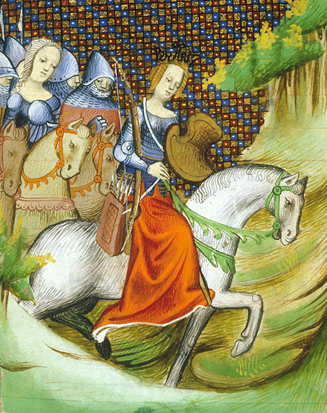 Penthesilea, queen of the Amazons, from Des cleres et nobles femmes art by Master of Boethius, early 1400s