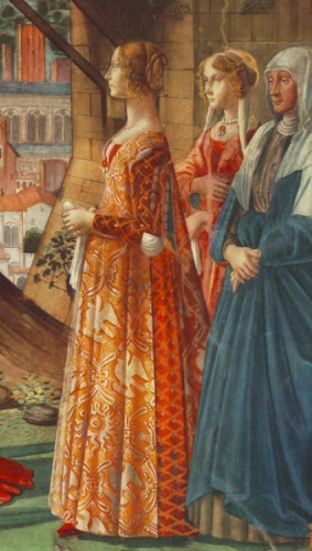 Giovanna Tornabuoni and attendants, detail of The Visitation in the Tornabuoni chapel in Santa Maria Novella church in Florence by Domenico Ghirlandaio, c. 1488, via Wikimedia Commons