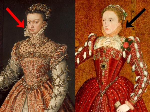 1560 - Elisabeth of Valois by Alonso Sánchez Coello (left); 1565 - Elizabeth I by Steven Van Der Meulen (right); via Wikimedia Commons