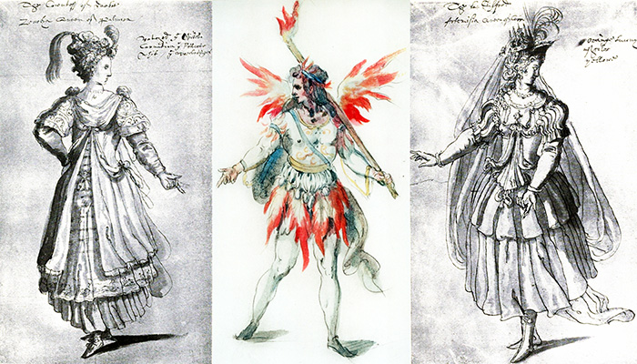 Costume designs by Inigo Jones: 1608, Zenobia in The Masque of Queens; 1613, "A page like a fiery spirit"; 1608, Artemisia in The Masque of Queens