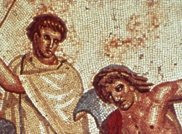 Roman mosaic of gladiators fighting.