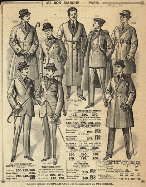 French fashion poster. Men in blazers, coats and smoking coats. Au Bon Marché, Paris, 1920-21, Nordiska Museet
